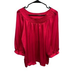 AGB Red Satin Smocked Neck 3/4 Sleeve Blouse Size XL Glam Party Minimalist